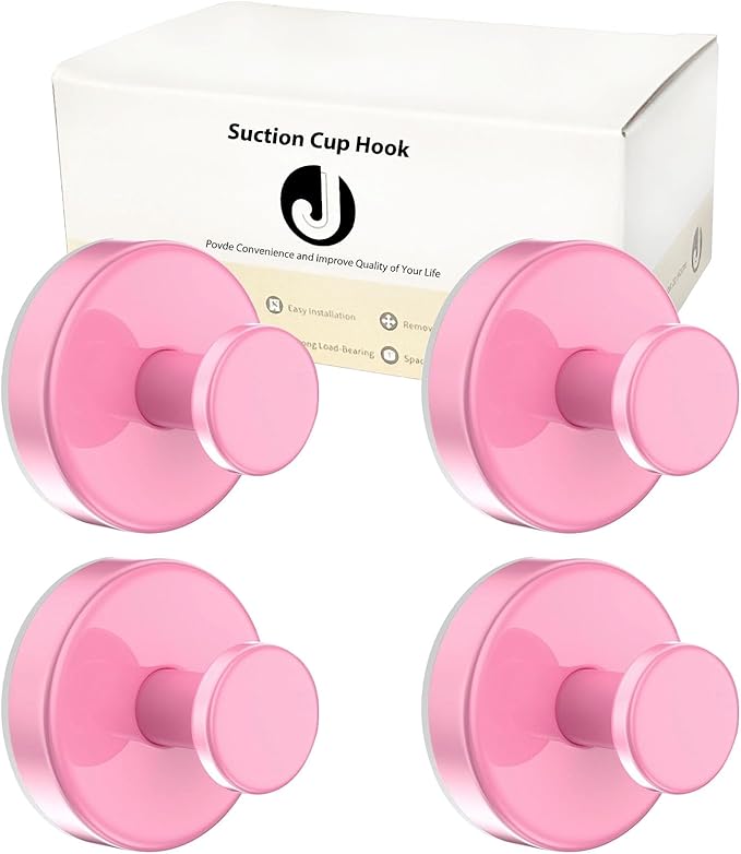 Suction Cup Hooks for Towels Robes, Heavy Duty Bathroom Shower Hooks Stainless Steel, No Drill on Smooth Wall,Glass,Mirror, Tile in Bedroom Kitchen to Hang Swimsuit Washcloths (4, Pink)