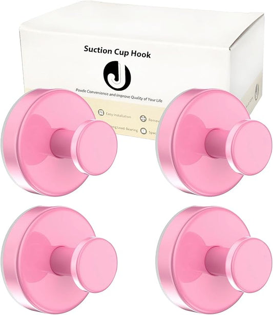 Suction Cup Hooks for Towels Robes, Heavy Duty Bathroom Shower Hooks Stainless Steel, No Drill on Smooth Wall,Glass,Mirror, Tile in Bedroom Kitchen to Hang Swimsuit Washcloths (4, Pink)