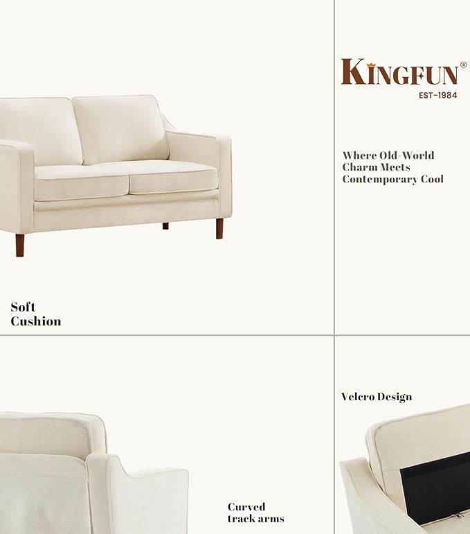 Kingfun 56" Chenille Sofa, Loveseat Couch, Mid Century Modern Love Seat Couches with Solid Wood Frame for Living Room & Bedroom, Beige