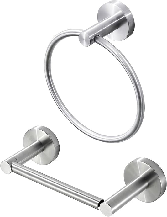 Brushed Nickel Toilet Paper Holder Towel Ring, Hand Towel Holder and Toilet Roll Holder Double Post Pivoting Bathroom Accessories Wall Mounted Bathroom Hardware Set Stainless Steel, 2 Pieces