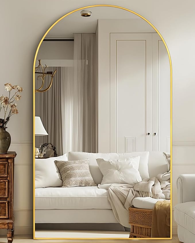 Full Length Mirror, 88"x44" Floor Mirror Freestanding, Oversized Floor Standing Mirror Full Body Mirrors with Stand for Bedroom, Hanging Mounted Mirrors for Living Room, Gold, Arched