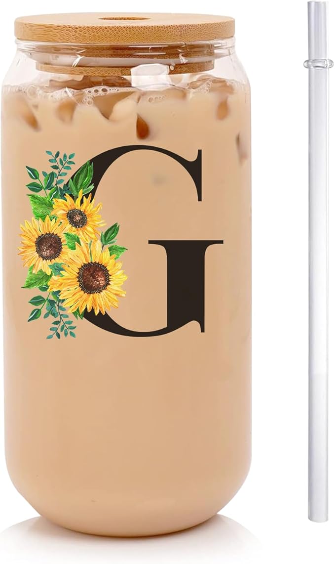 Initial Glass Cups Sunflower with Bamboo Lids and Straws,16oz Iced Coffee Mug Tumbler,Monogrammed Birthday Gifts Mother's Day Sunflower Gifts for Women,Mom,Friend,Sister