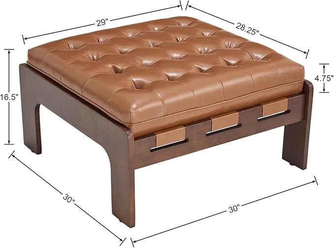 Kmax Coffee Table, 30 Inch Leather Ottoman Coffee Table Square Upholstered Dark Wood Center Table Tufted Tea Table, Oversized Footrest Stool for Living Room - PU, Brown