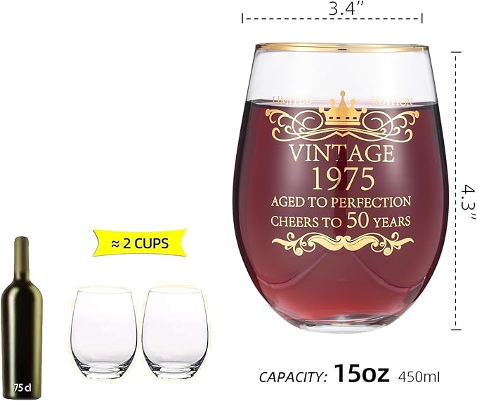 1975 50th Birthday Gifts for Women Men 15oz Wine Tumbler Red Wine Glass Cup 50 Years Old Birthday Present 50th Anniversary Present