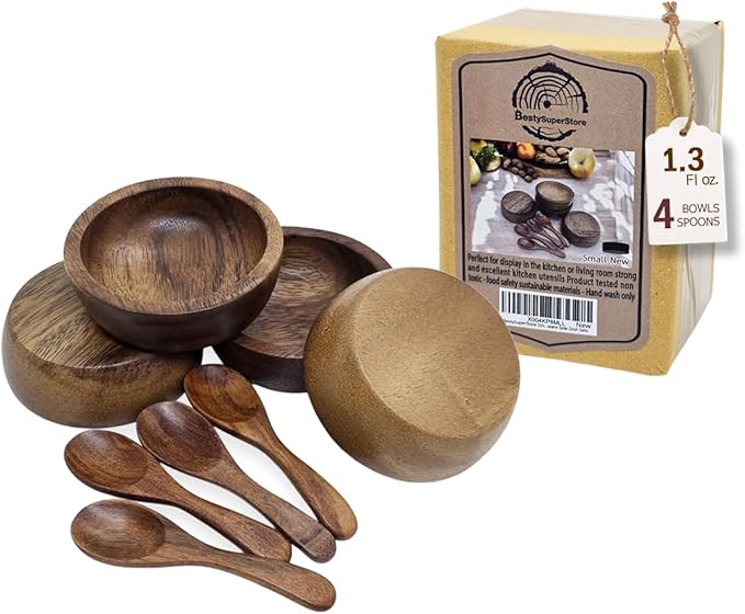 Set of 4 Small Round Acacia Wooden Bowls 2¾ Inch Diameter With Spoons - Stackable Mixing Bowl for Salad Soup Snack Salsa Dip Sauce Charcuterie Wood Tableware Sets for Decor and Serving