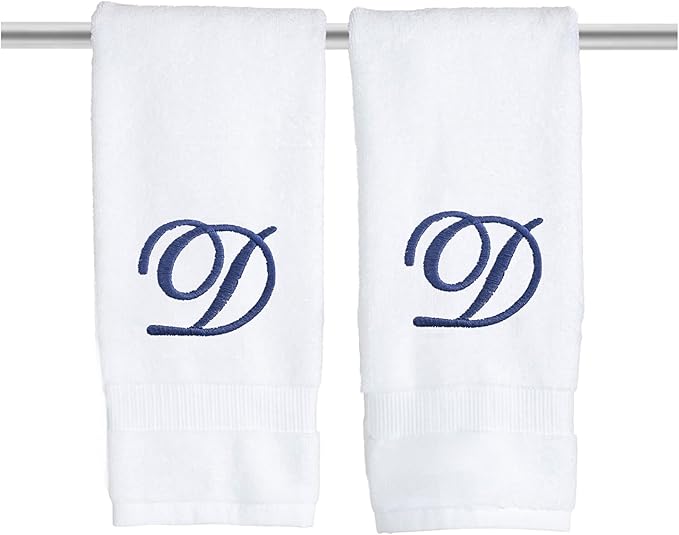 White Monogrammed Hand Towels for Bathroom - Luxury Hotel Quality Personalized Initial Embroidered Towel for Powder Room, Spa - GOTS Organic Certified - Set of 2 Navy Letter D