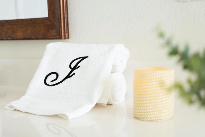 White Monogrammed Hand Towels for Bathroom - Luxury Hotel Quality Personalized Initial Embroidered Towel for Powder Room, Spa - GOTS Organic Certified - Set of 2 Black Letter J