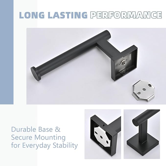 Toilet Paper Roll Holder Stand with 2 Robe Towel Hooks,Wall Mounted Matte Black 3 Piece Bathroom Hardware Set, SUS 304 Stainless Steel, Drilling Hole Bath Accessories (Black)