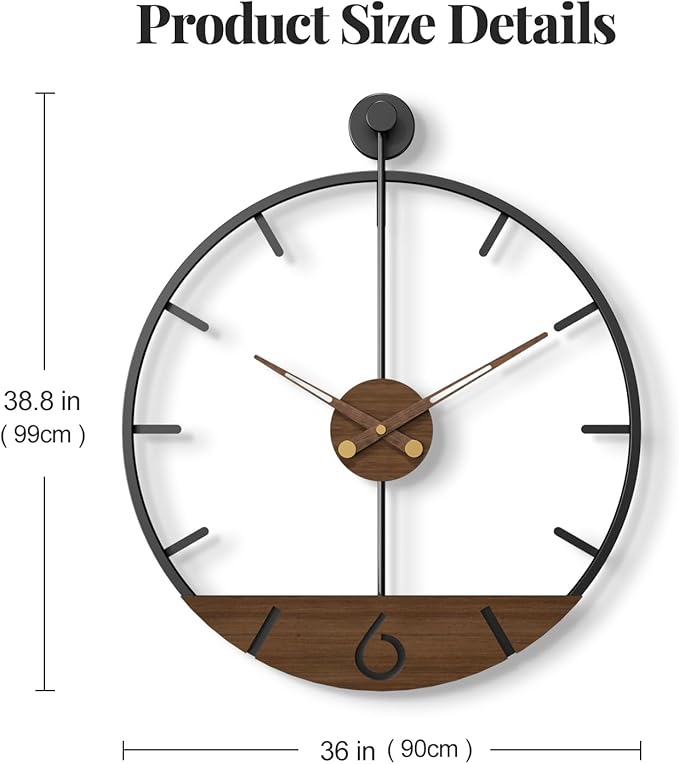 Cuspin Extra Large Wall Clock 36 Inch Modern Black Metal Clock with Walnut Wood Dial, Silent Non-Ticking Oversized Decorative Battery Powered Big Clock for Living Room, Kitchen, Office, Bedroom