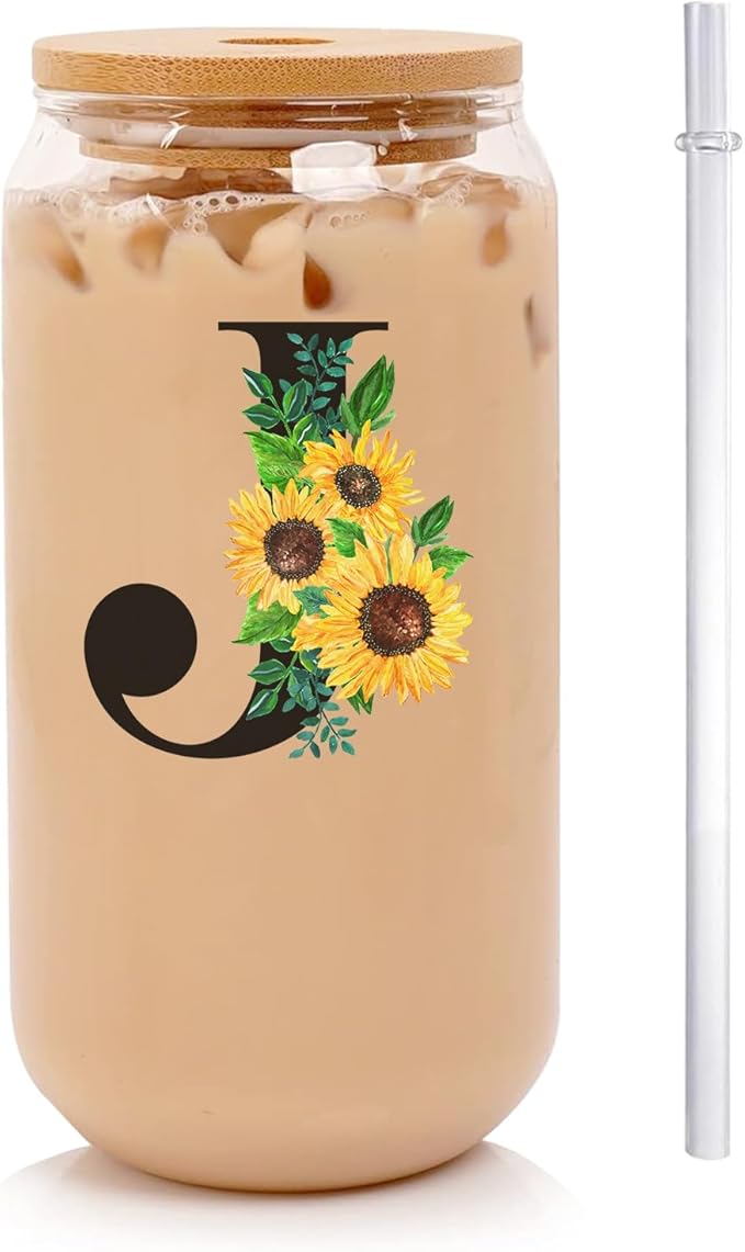 Initial Glass Cups Sunflower with Bamboo Lids and Straws,16oz Iced Coffee Mug Tumbler,Monogrammed Birthday Gifts Mother's Day Sunflower Gifts for Women,Mom,Friend,Sister
