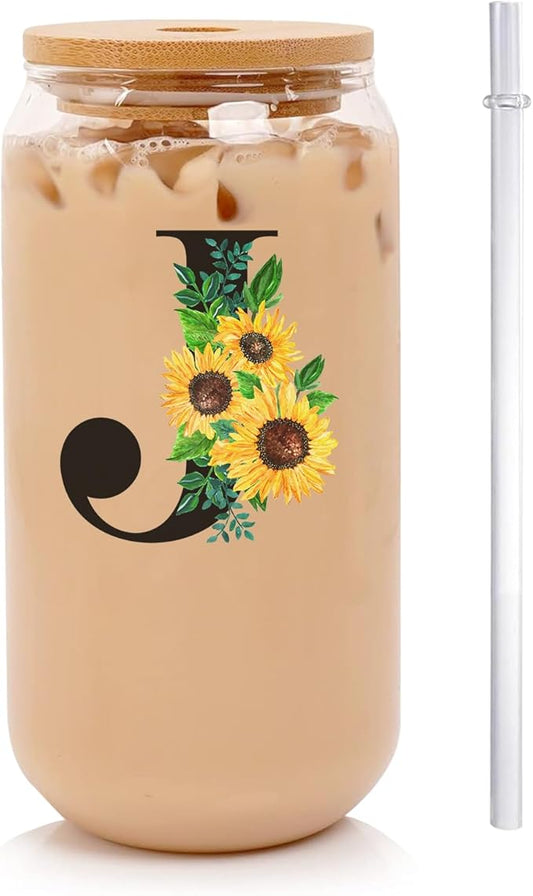 Initial Glass Cups Sunflower with Bamboo Lids and Straws,16oz Iced Coffee Mug Tumbler,Monogrammed Birthday Gifts Mother's Day Sunflower Gifts for Women,Mom,Friend,Sister