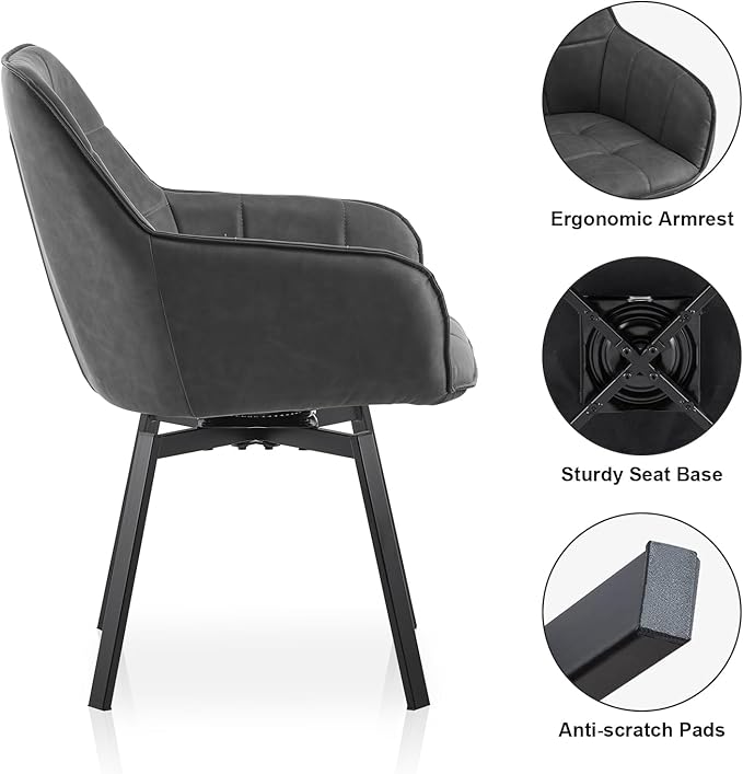 TUKAILAi Swivel Dining Chairs Set of 4, Faux Leather Upholstered Mid Century Accent Chairs with Metal Legs, Rotatable Kitchen Chair for Home Office Kitchen Restaurant (Grey)