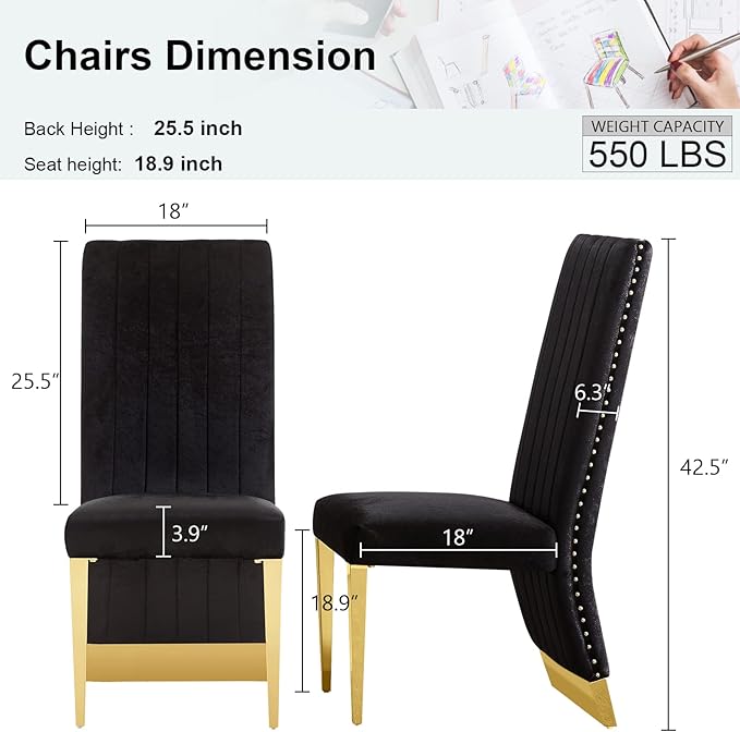 AUZ Dining Chairs Set of 6, Black and Gold Dining Room Chairs with Nailhead Trim and Gold Legs, Black Velvet Upholstered Dining Chair for Dining Table, Kitchen and Dining Room, Modern Luxury Style