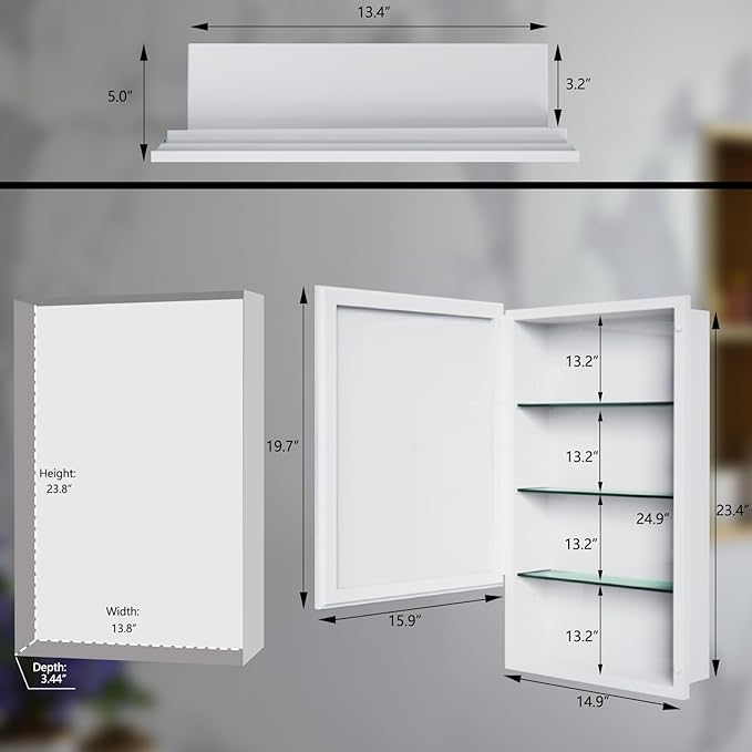 Bathroom Medicine Cabinet with Mirror, 16x26 Inch Platstic Framed Beveled Edge Mirror Cabinet with Removable Shelves, Extra Storage Space, Recessed or Surface Mount