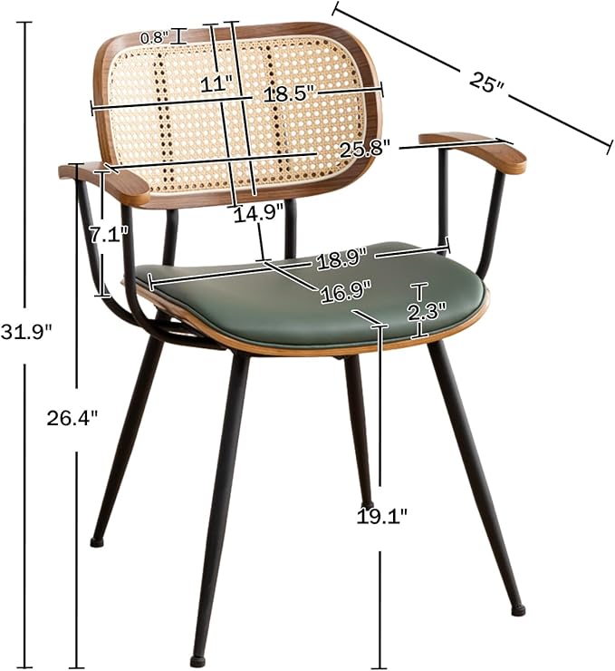 Rattan Dining Room Chairs Set of 4,Mid Century Modern Kitchen Side Chairs,Metal Legs Desk Chair,Faux Leather Accent Chair with Arms and Rattan Backrest Green PU