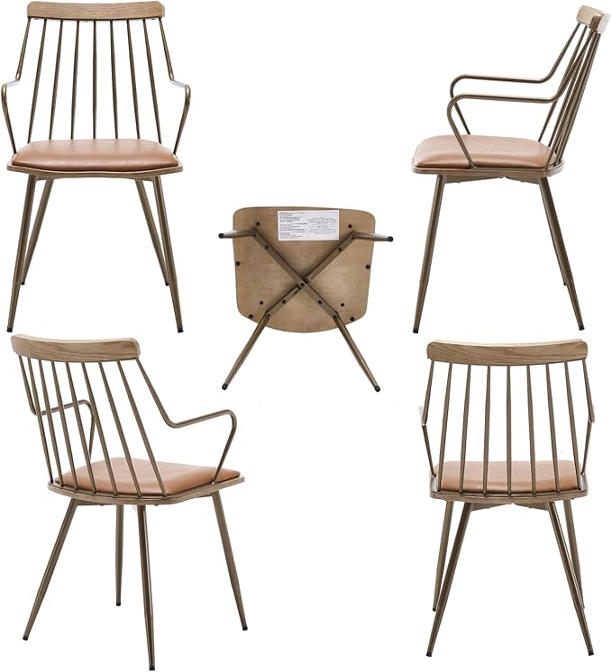 Modern Dining Chairs Set of 2, PU Upholstered Dining Chairs with Metal Legs, Wood Kitchen Chairs with Fence-Like Back and Curved Arm for Dining Room Kitchen Restaurant Reception (Brown)