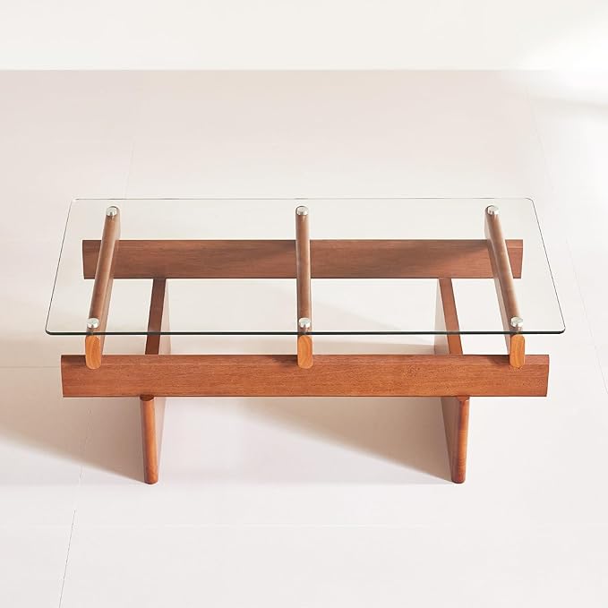 IWOOD Glass Coffee Table for Living Room,100% Solid Wood Coffee Table with Rectangular Tempered Glass Top,Mid Century Modern Coffee Table,Walnut