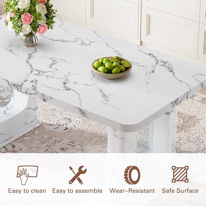 64.5" White Dining Table Set for 4, Modern Kitchen Table and Chairs Set with PU Leather Cushioned Chairs & Decorative Pedestal Base, 5 Piece Marble Pattern Dining Table Set for Dining Room or Kitchen