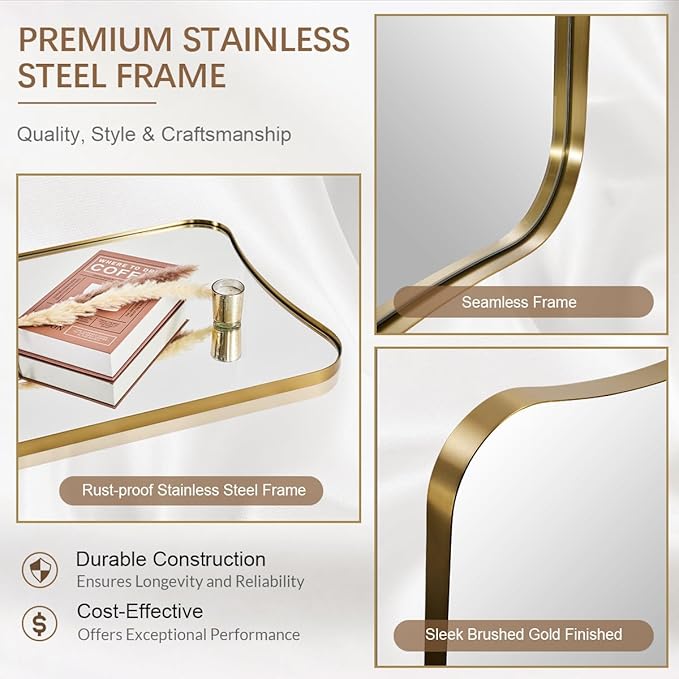 ANDY STAR 21" x 64" Full Length Mirror, Decorative Full Body Mirror with Stainless Steel Thin Frame, Italian Curved Edge Design, Wall Mountable or Leaning for Bedroom, Cloakroom, Brushed Gold