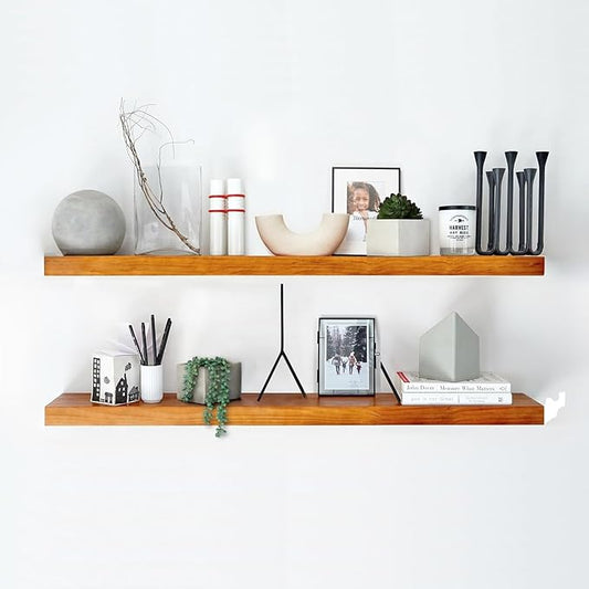 Homeforia Oak Floating Shelves 42 inch Long, High End Solid Real Wood 42inch Floating Shelf for Wall Mounted, Honey Oak Wooden 42in Floating Shelves, Heavy Duty Bracket, 42 X 6.5 X 1.75 in, Set of 2