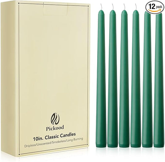 New Burning Formula Unscented Dripless 10-Inch Taper Candles Set of 12 - Emerald, for Wedding, Dinner - Smokeless, Long Burning - Hand Poured, Colored Tall Candlesticks - Esmeralda