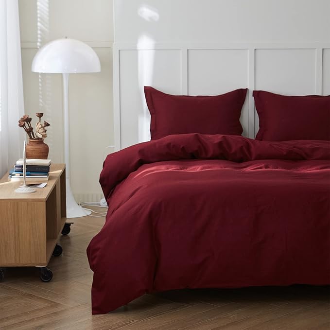 Simple&Opulence French Linen Duvet Cover Set 88" x 92"- 3 Pieces (1 Comforter Cover,2 Pillowcases)- Natural Flax Cotton Blend-Solid Color Breathable Farmhouse Bedding-Burgundy, Queen