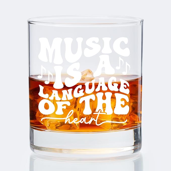 Musical Lovers Gifts Old Fashioned Whiskey Glasses, Music Gifts for Women Men, Music Is a Language Of The Heart 10 oz Rocks Barware Cup for Cocktail Drinks Scotch Bourbon Liquor