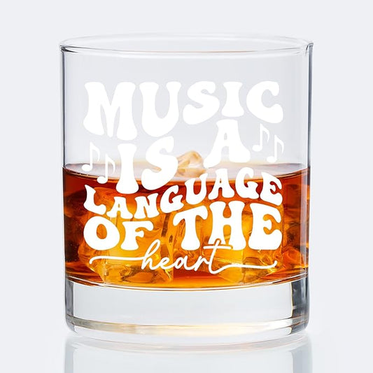 Musical Lovers Gifts Old Fashioned Whiskey Glasses, Music Gifts for Women Men, Music Is a Language Of The Heart 10 oz Rocks Barware Cup for Cocktail Drinks Scotch Bourbon Liquor