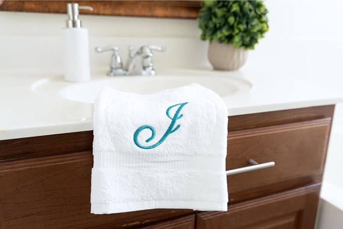 White Monogrammed Hand Towels for Bathroom - Luxury Hotel Quality Personalized Initial Embroidered Towel for Powder Room, Spa - GOTS Organic Certified - Set of 2 Teal Letter J