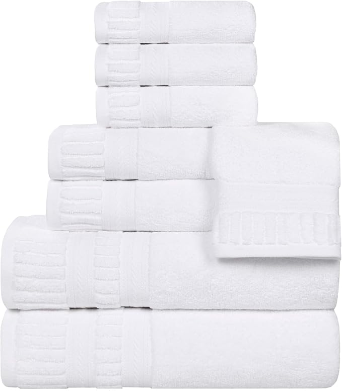 Superior Venice Zero Twist Cotton Medium Weight Towels, for Guest Bath, Bathroom, Shower, Spa, Plush Towels, Bath Essentials, Ribbed Textured Border, 8 Piece Assorted Towel Set, White