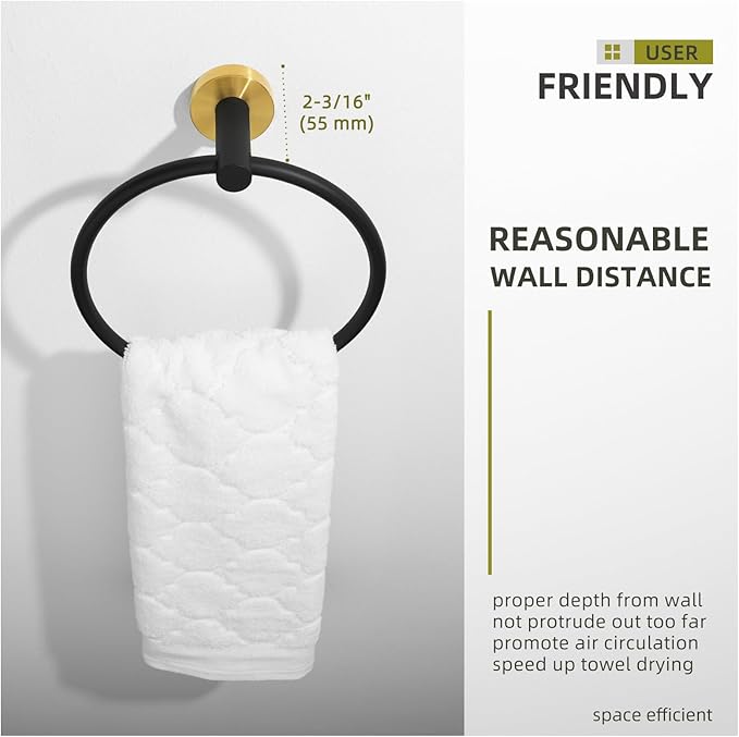 Angle Simple Towel Ring Swivel, Stainless Steel Hand Towel Holder Rack for Bathroom, Black and Gold