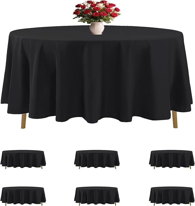 6 Pack Black Round Tablecloths 108 Inches Table Cloth Stain and Wrinkle Resistant Washable Polyester Table Cover Fabric for Party, Wedding,Dining,and Banquet Decoration