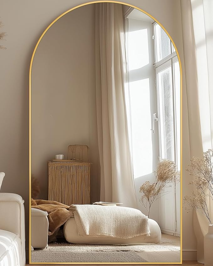 Full Length Mirror, 76"x44" Floor Mirror Freestanding, Oversized Floor Standing Full Body Mirror with Stand for Bedroom, Hanging Mounted for Living Room Cloakroom, Gold, Arched