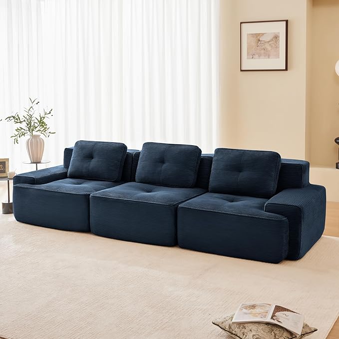 115" Modern Corduroy Cloud Sofa, Boneless Modular Large Sectional Couches for Living Room, Blue 3 Seater Compressed Memory Foam Couch, Extra Deep Seat, No Assembly