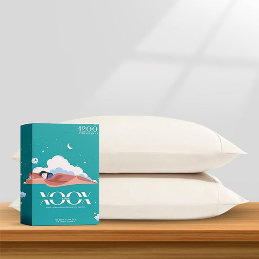 XOOX Linen 100% Egyptian Cotton Pillow Cases Standard/Queen Size Set of 2 - Luxury 1200 Thread Count Sateen Ivory Pillow Cases, Silky Soft Cooling Pillowcases Fits Standard & Queen Size Pillows