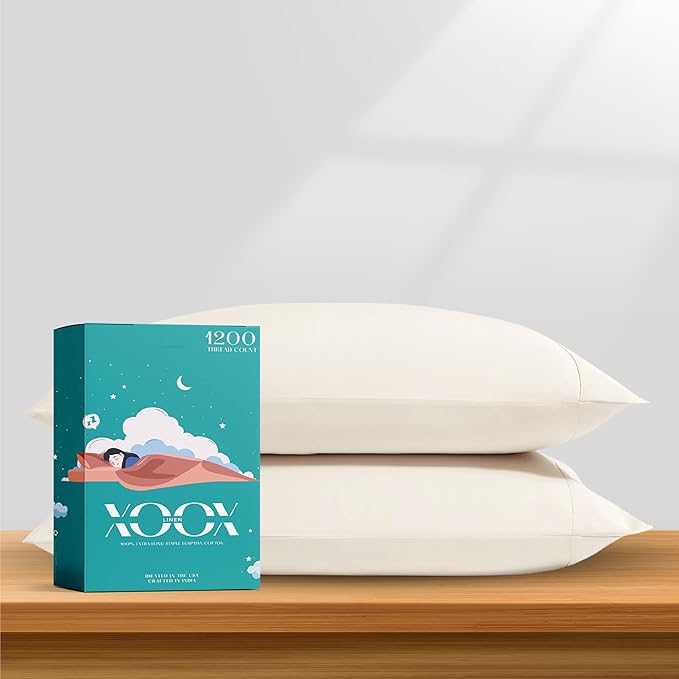 XOOX Linen 100% Egyptian Cotton Pillow Cases King Size Set of 2 - Luxury 1200 Thread Count Sateen Ivory Pillow Covers, Soft & Breathable 5 Star Hotel-Quality Pillowcases, Fits King Size Pillows