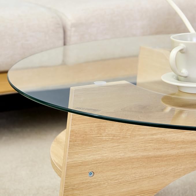 LKTART 31.5" Round Glass Coffee Table with Tempered Glass Top and MDF Base, Diagonal Fan-Shaped Tray Design Table Leg Simple & Modern Center Table for Living Room Office Apartment Wood
