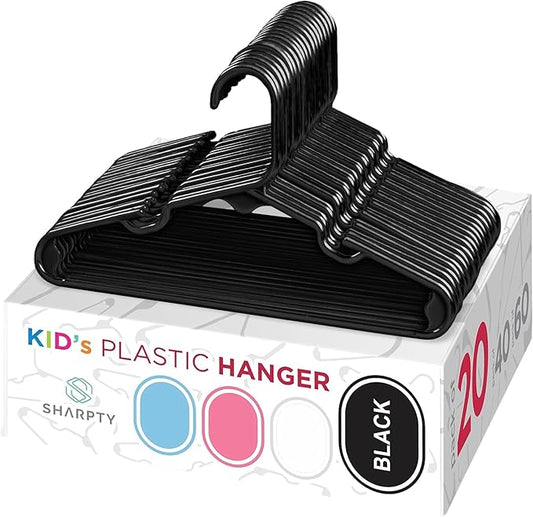 Sharpty Kids Plastic Hangers, Children's Hangers for Baby, Toddler, and Child Clothes - Everyday Standard Use - Ideal for Boys and Girls Closet, Clothing, Pants, Coats, and More - Black, 20 Pack