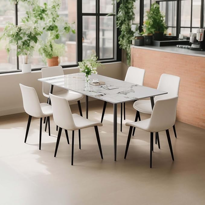 Dining Chairs with Comfortable Backrest and Sturdy Metal Legs, Modern Upholstered PU Leather Kitchen & Office Chairs for Dining Room, Restaurant Or Living Room (White, 6-Set)