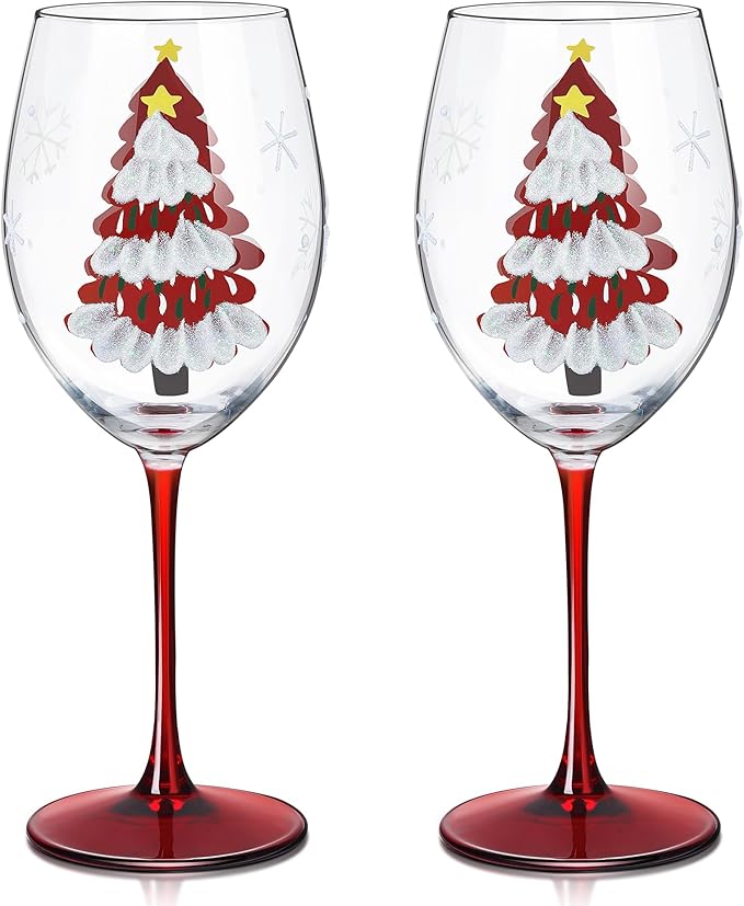 Joeyan Christmas Crystal Red and White Wine Glasses,Hand Painted Glass Goblet Drinking Glasses,Red Xmas Tree and Snowflakes Patterned Glass Tumbler Cups with Stem,Gift for Men Women,19.5 oz,Set of 2