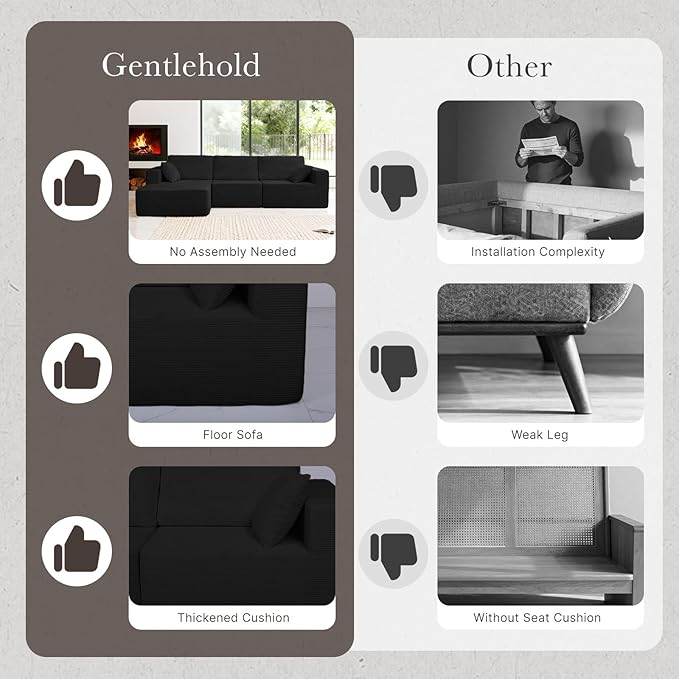 108” Modular Sectional Sofa Couch with Ottoman, 3-Seater Boneless Couch, L Shape Sectional Sofa Compressed Sofa for Living Room Bedroom, No Assembly Needed (Black, 3 Seats+1 Ottoman)