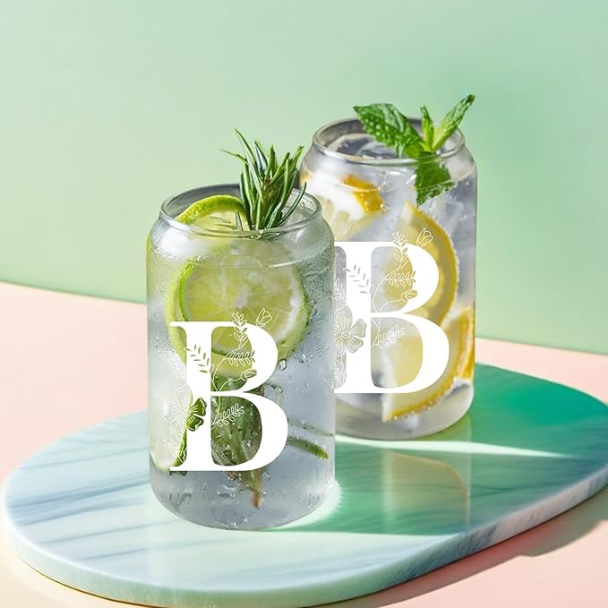 Unique Initial Glass Cup with Lids and Straws, Monogrammed Gifts Box Included Makeup Bag, Christmas Birthday Gifts for Women Mom Sister Grandma, B