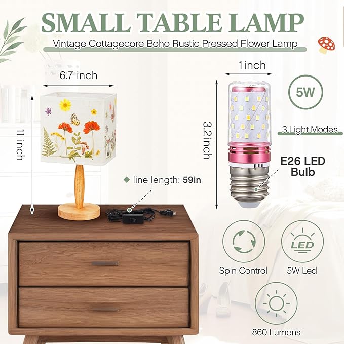 Hortsun Pressed Flower Desk Lamp Vintage Table Small Lamp Cottage Style Decor Boho Light Decorative Rustic for Bedroom, Living Room or Office, Christmas Gift for Women(Vibrant Style)