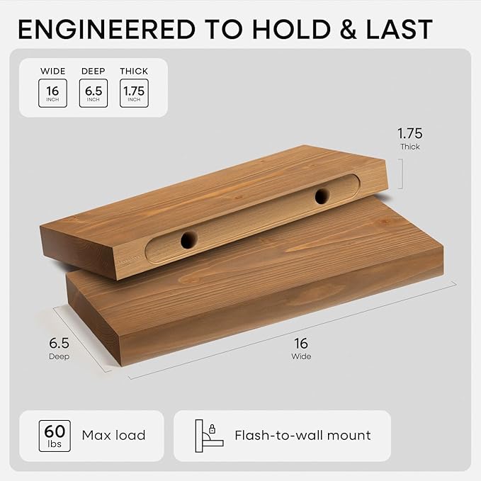 Homeforia 16 inch Golden Oak Floating Shelf, High End Solid Real Wood 16inch Small Floating Shelves for Wall Mounted, Oak Wooden 16in Floating Shelves, Heavy Duty Bracket, 16 X 6.5 X 1.75 in, Set of 4