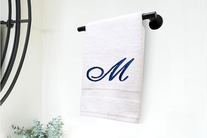 White Monogrammed Hand Towels for Bathroom - Luxury Hotel Quality Personalized Initial Embroidered Towel for Powder Room, Spa - GOTS Organic Certified - Set of 2 Navy Letter M