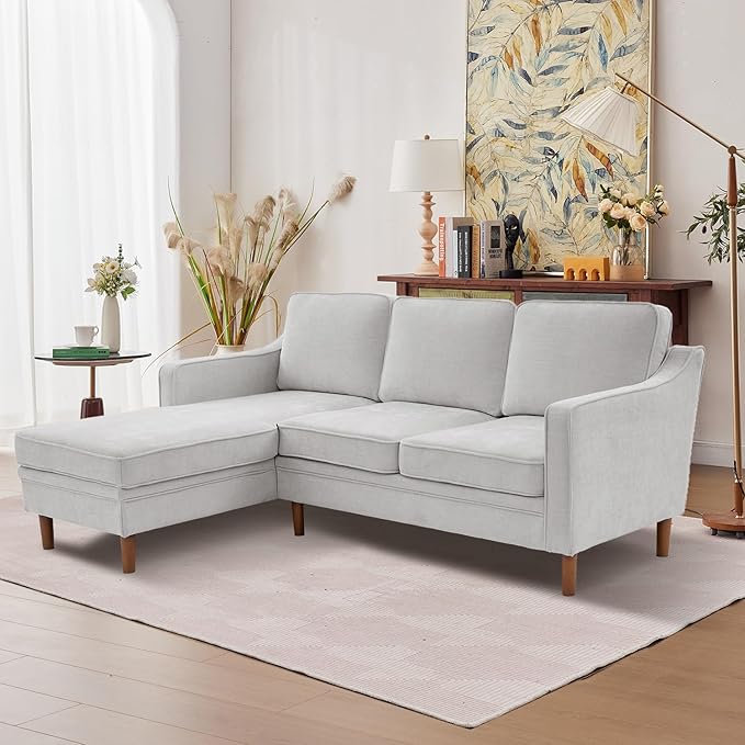 Kingfun 88" L-Shape Sofa, Chenille Sectional Couch, Mid Century Modern Couches with Solid Wood Frame for Living Room & Bedroom, Beige