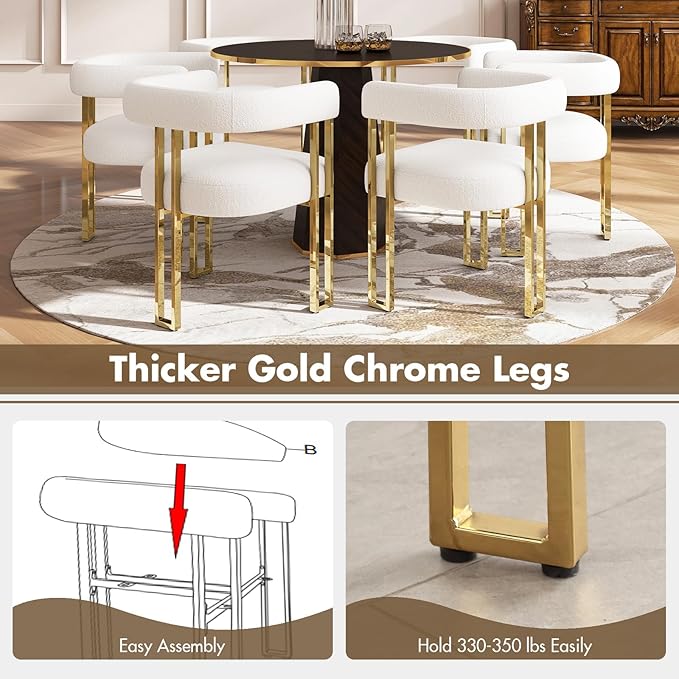 Set of 4 Modern White Boucle Dining Chairs with Gold Metal Legs, Mid Century Accent Upholstered Barrel Armchairs with Open-Back for Kitchen, Dining Room, Living Room, Apartment