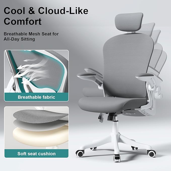 Ergonomic Office Chair with Adjustable Lumbar Support and Headrest, High Back Mesh Desk Chair for Home Office,Flip-Up Arms 90-120° Tilt Lock Rolling Swivel Task Chairs (White-Grey6065)