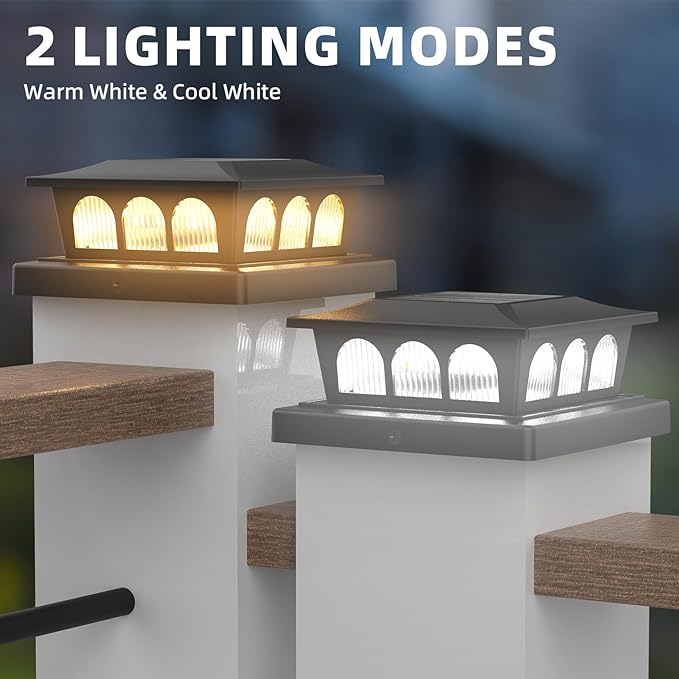 8 Pack Solar Post Cap Lights, Warm White & Cool White Auto On/Off, Waterproof Fence Post Solar Lights for 4x4 5x5 6x6 Wood/Vinyl Posts, Fence, Deck, Patio, Garden Decor (Black)