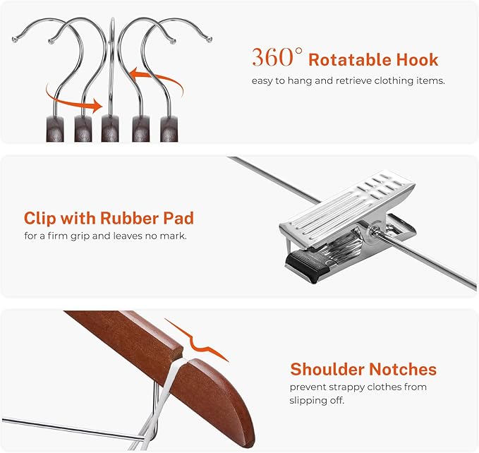 HOUSE DAY Wooden Hangers with Clips 24 Pack, Heavy Duty Walnut Wood Pants Hanger, Premium Skirt Hanger with Adjustable Clips, Solid Clip Hangers for Suit, Blouse, Dress, Coat, Jacket, Bottom